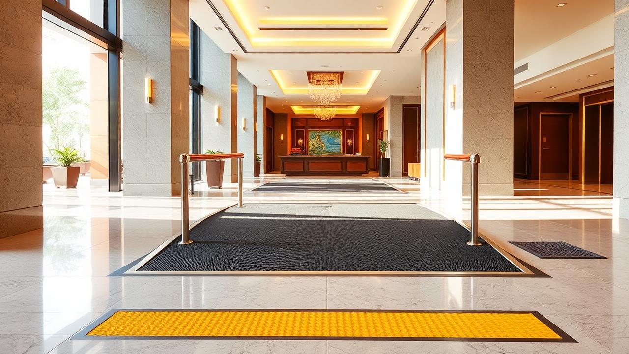 A hotel entrance with a gentle wheelchair ramp and a yellow tactile guidance strip set into a polished stone floor.