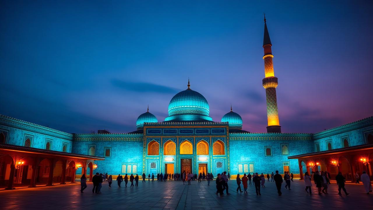 A floodlit blue-tiled madrasa and minaret glowing against a deep dusk sky, with people strolling across the square.