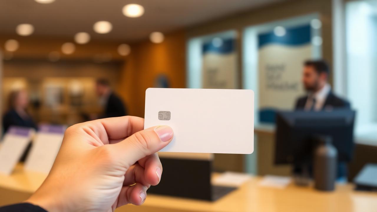 A hand holding a plain white bank card at a bank counter, with a blurred bank employee in the background.