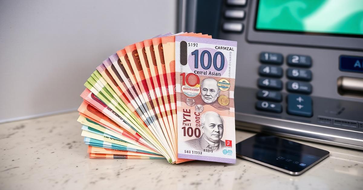 A fan of colourful Central Asian banknotes on a counter next to an ATM keypad and a bank card.