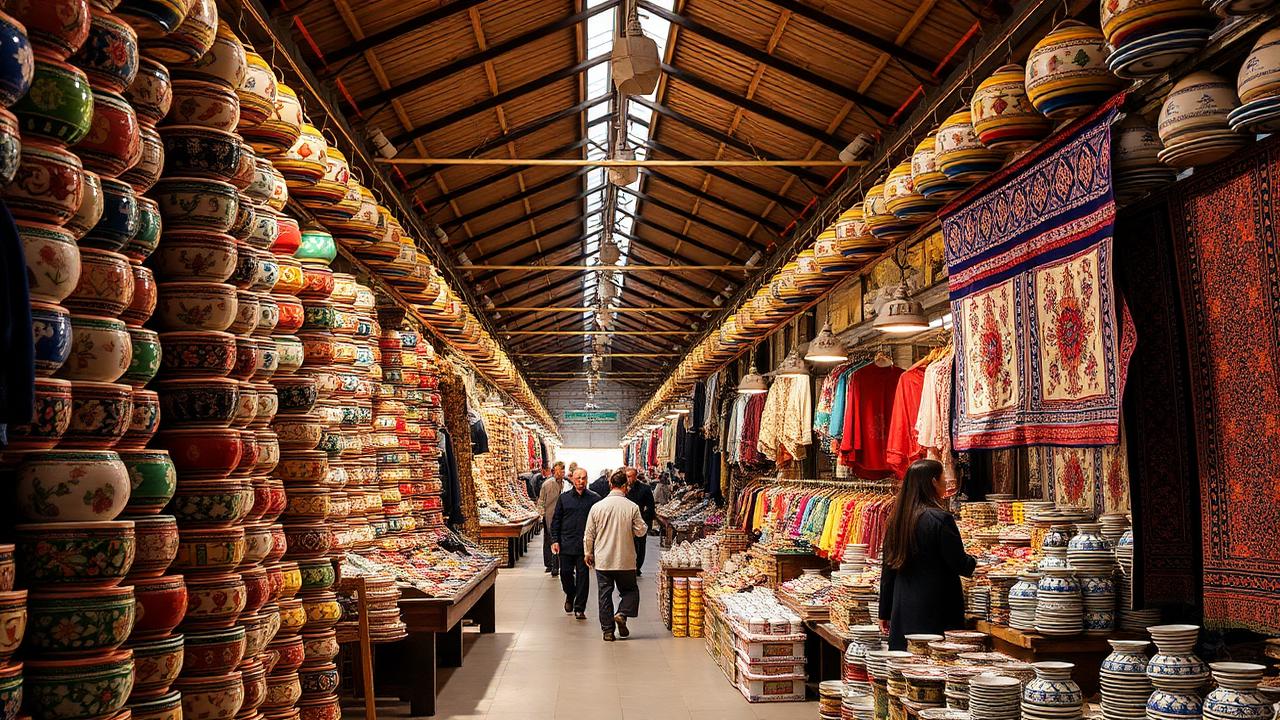 A bustling covered bazaar aisle in Uzbekistan with stacked ceramic bowls, embroidered textiles and a vendor gesturing while talking to a customer.
