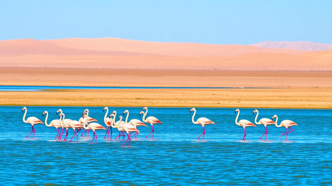 A flock of pink flamingos wading in the shallow blue water of a reservoir in Uzbekistan with a flat desert shoreline behind them.