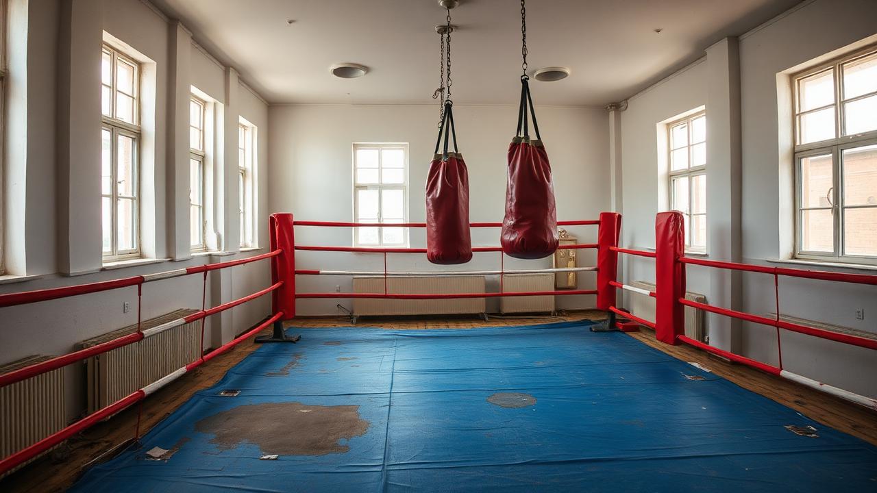 Empty amateur boxing gym with a red ring and hanging heavy bags in Uzbekistan