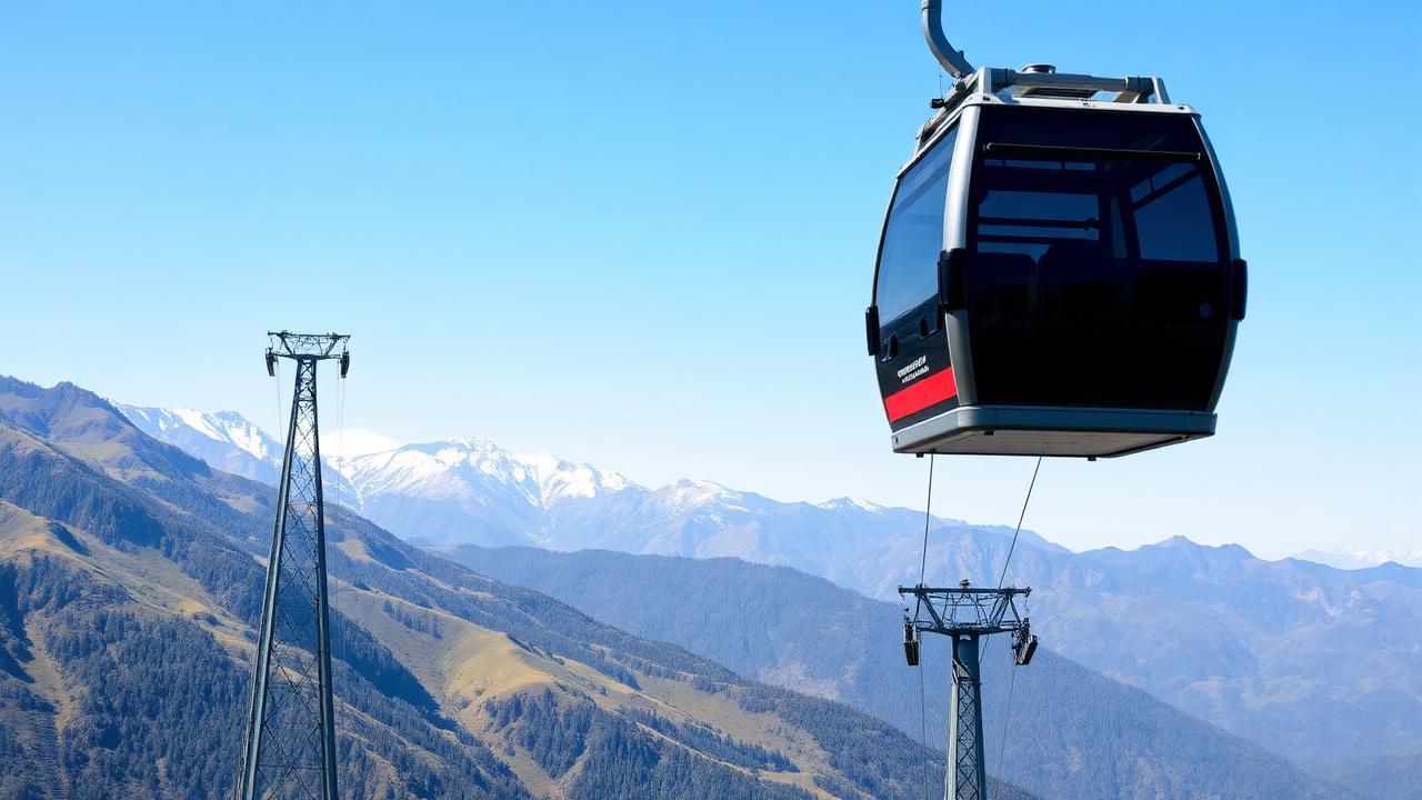 A modern gondola cabin on a cable car rising above green mountain slopes with snow-capped peaks in the background.