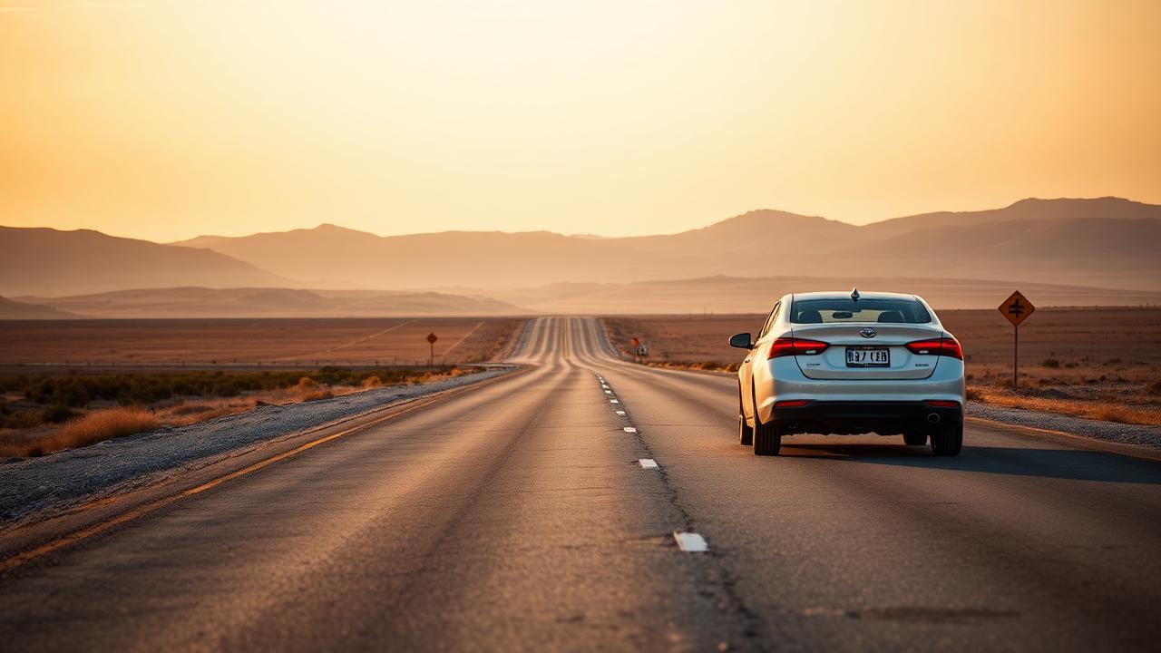 A white sedan parked on an empty steppe highway in Uzbekistan at golden hour, with low hills and a road sign in the distance.