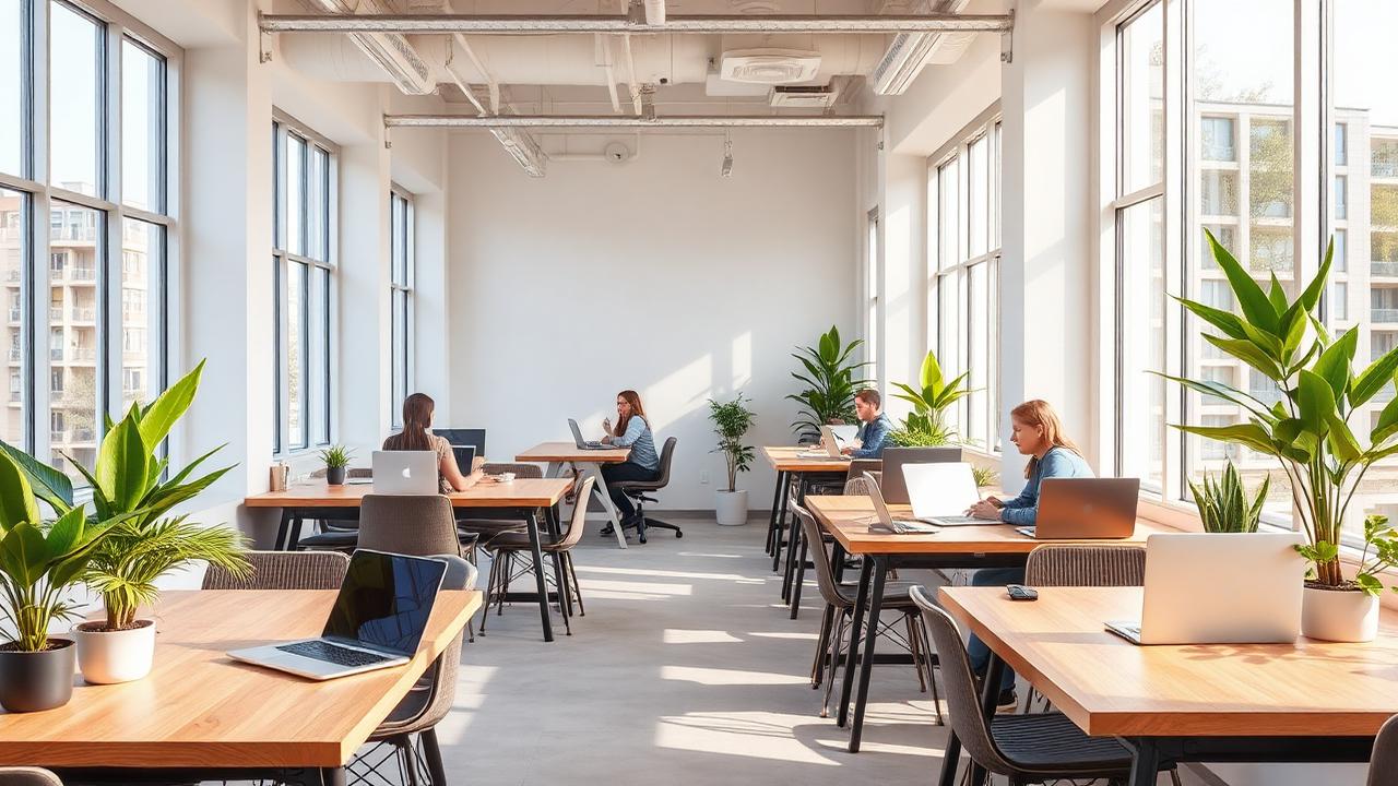 A bright modern coworking space with wooden desks, laptops, potted plants and people working beside large windows.