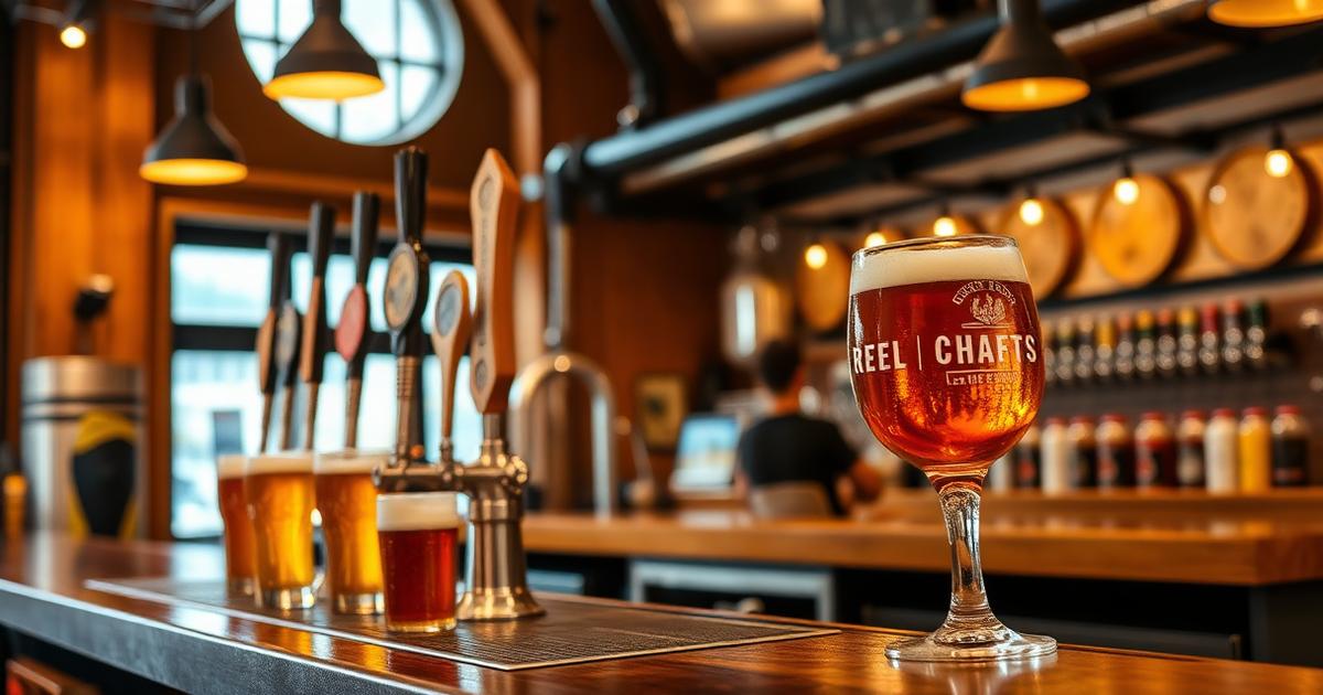Beer taps and glasses of amber and pale beer lined up on a wooden bar counter in a modern brewpub with warm lighting.