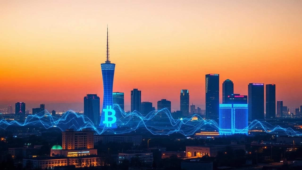 Illustration of digital currency and blockchain data over a Tashkent city skyline, representing Uzbekistan's regulated crypto market in 2026