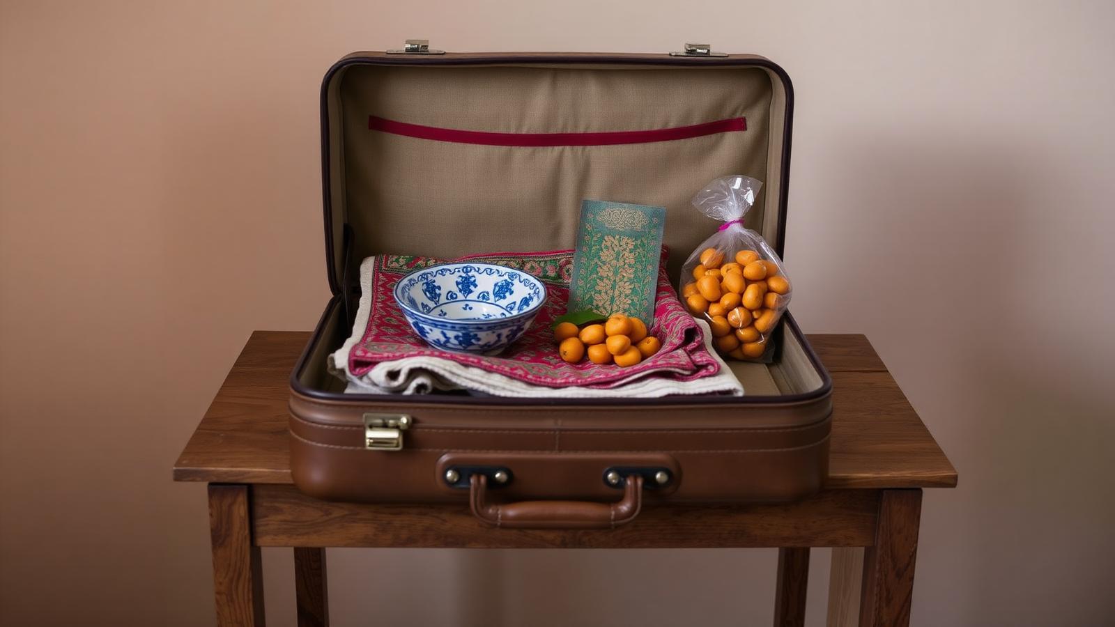 An open suitcase on a wooden table holding a folded embroidered Uzbek textile, a blue-and-white ceramic bowl and a bag of dried apricots.