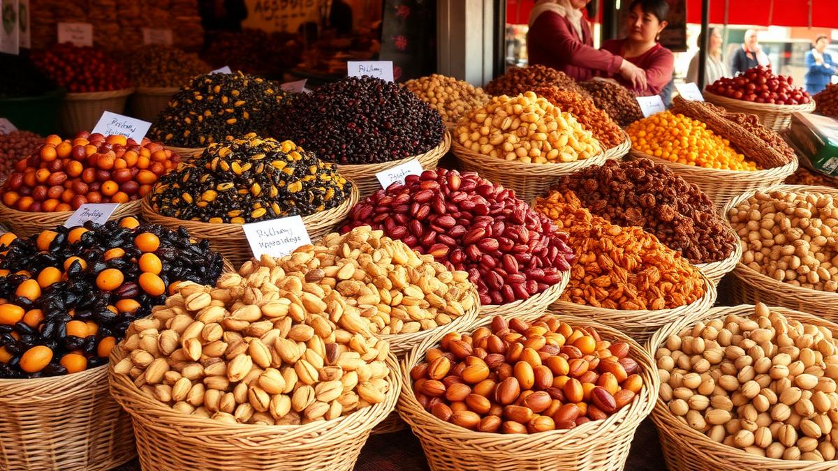 Woven baskets of dried apricots, raisins, walnuts and pistachios at an Uzbek bazaar stall