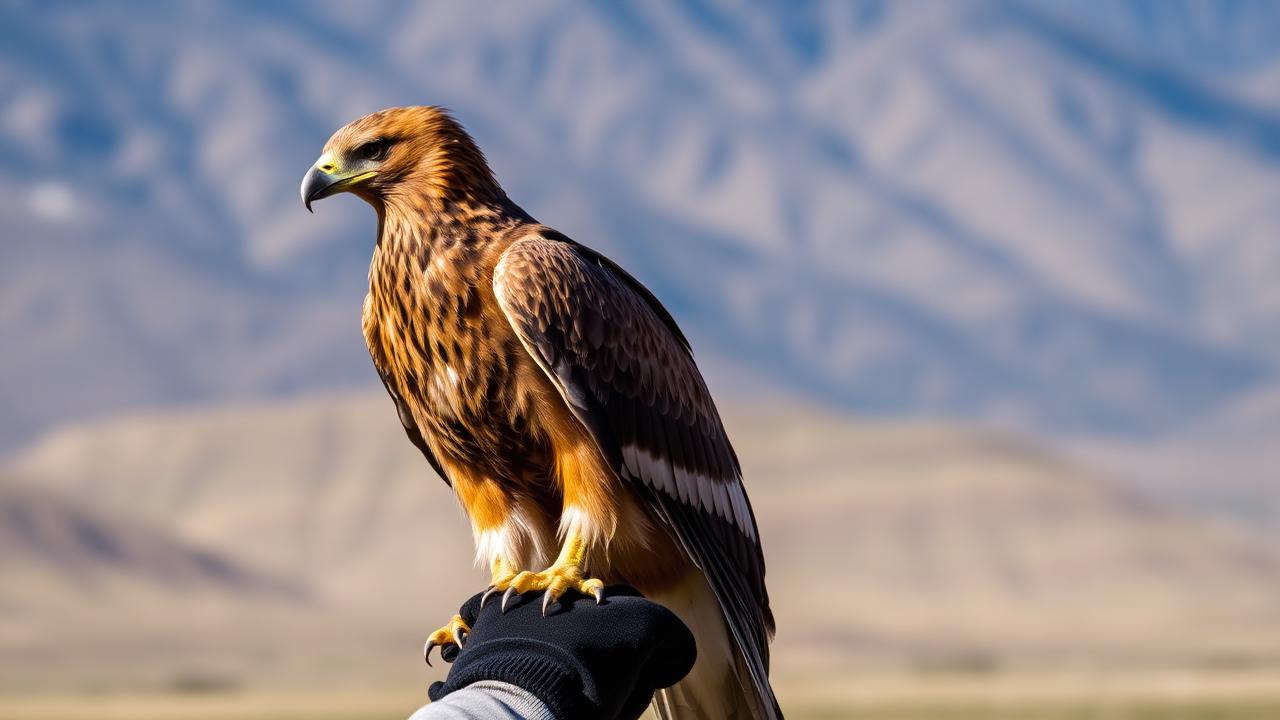 A golden eagle perched on a gloved handler's arm against a mountain steppe background in Central Asia, its head turned in profile.