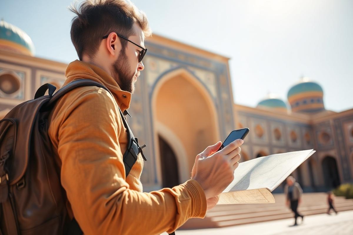 A traveller checking a map and phone in front of Silk Road architecture in Uzbekistan.