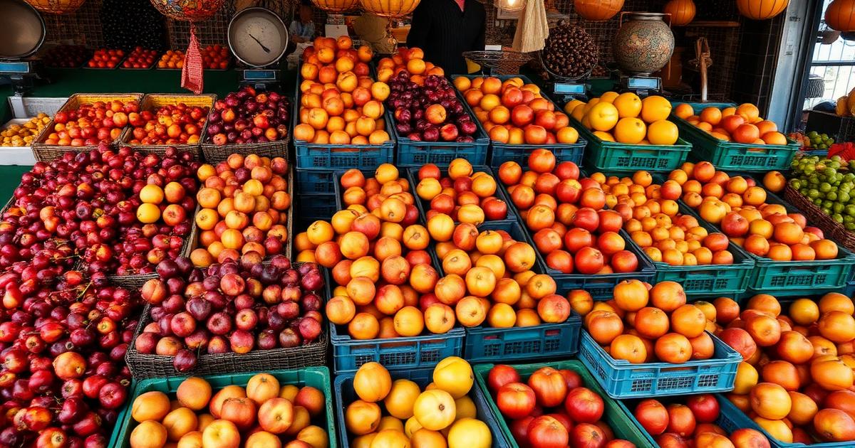 A Central Asian bazaar fruit stall stacked with crates of cherries, apricots, peaches, plums and pomegranates beside brass scales.