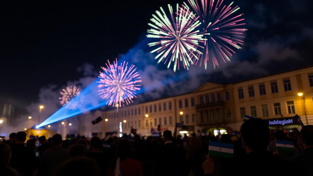 Fireworks bursting in pink and blue over a night-time crowd holding small Uzbekistan flags at an Independence Day celebration.