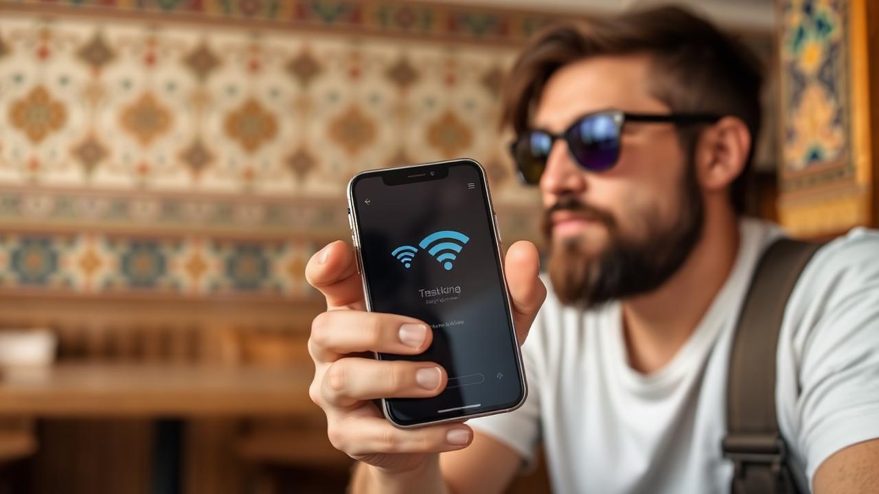 A traveller holding a smartphone showing mobile signal and Wi-Fi indicators in a Tashkent cafe with Uzbek tiled decoration behind.