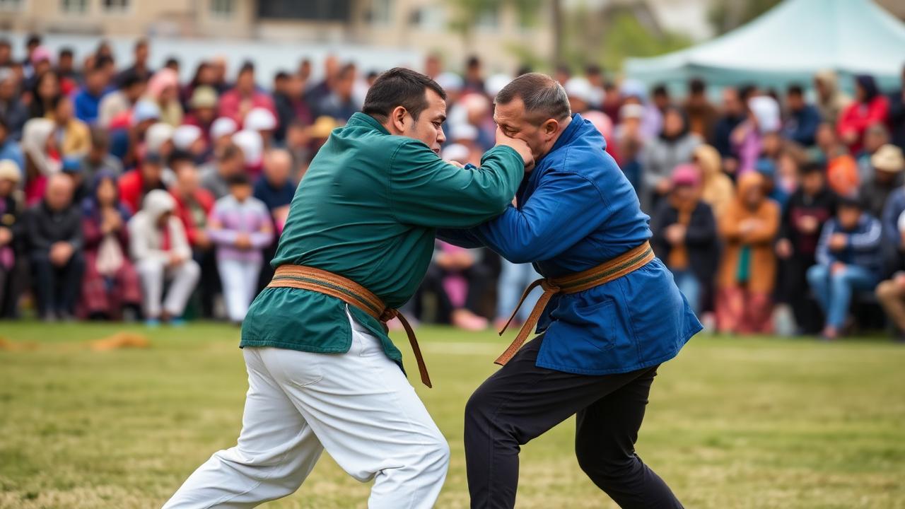 Two kurash wrestlers in green and blue jackets gripping belts during an outdoor match in Uzbekistan