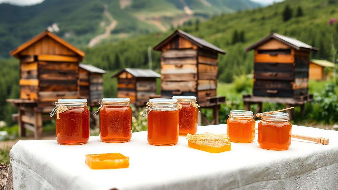 Wooden beehives on a green mountain slope in Uzbekistan with jars of amber honey and honeycomb on a cloth-covered table in the foreground.