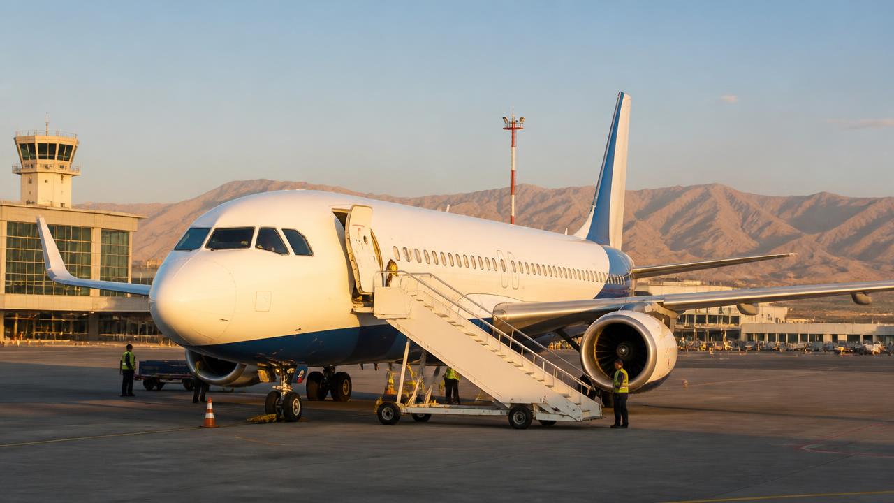 A white and blue narrow-body passenger jet parked on an airport apron at golden hour with boarding stairs and dry mountains on the horizon.