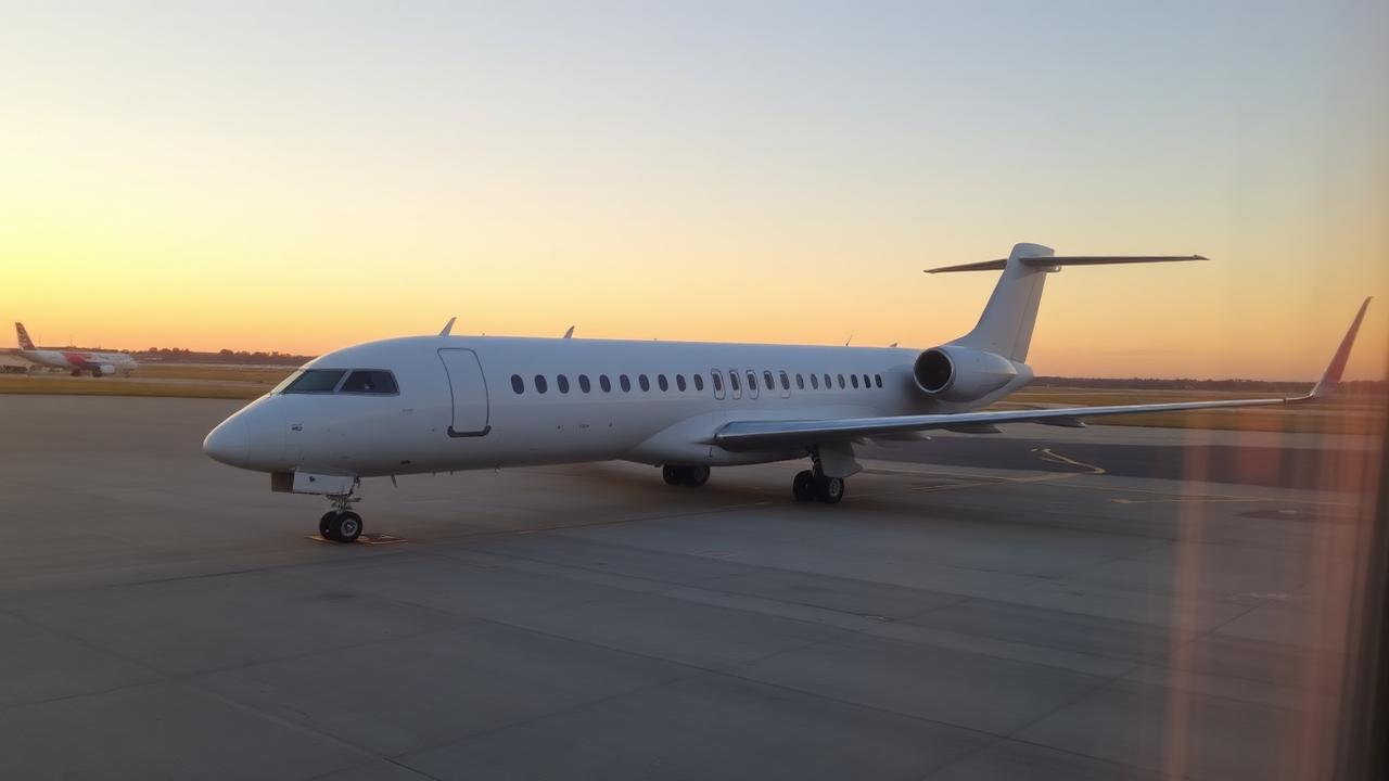 An unmarked white passenger jet parked on an airport apron at sunrise, seen from a terminal window.