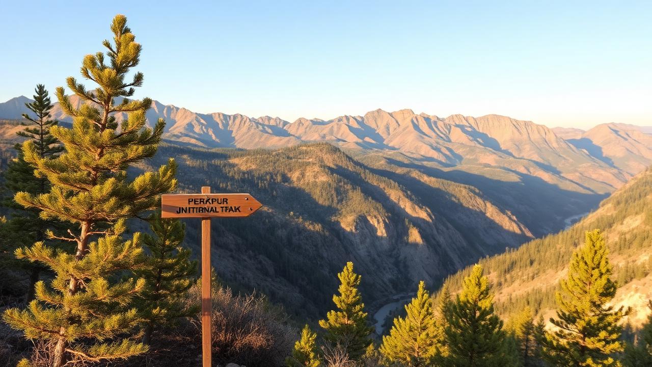 A wooden trail signpost on a mountain ridge in a Central Asian national park, with juniper forest and a deep river gorge behind.