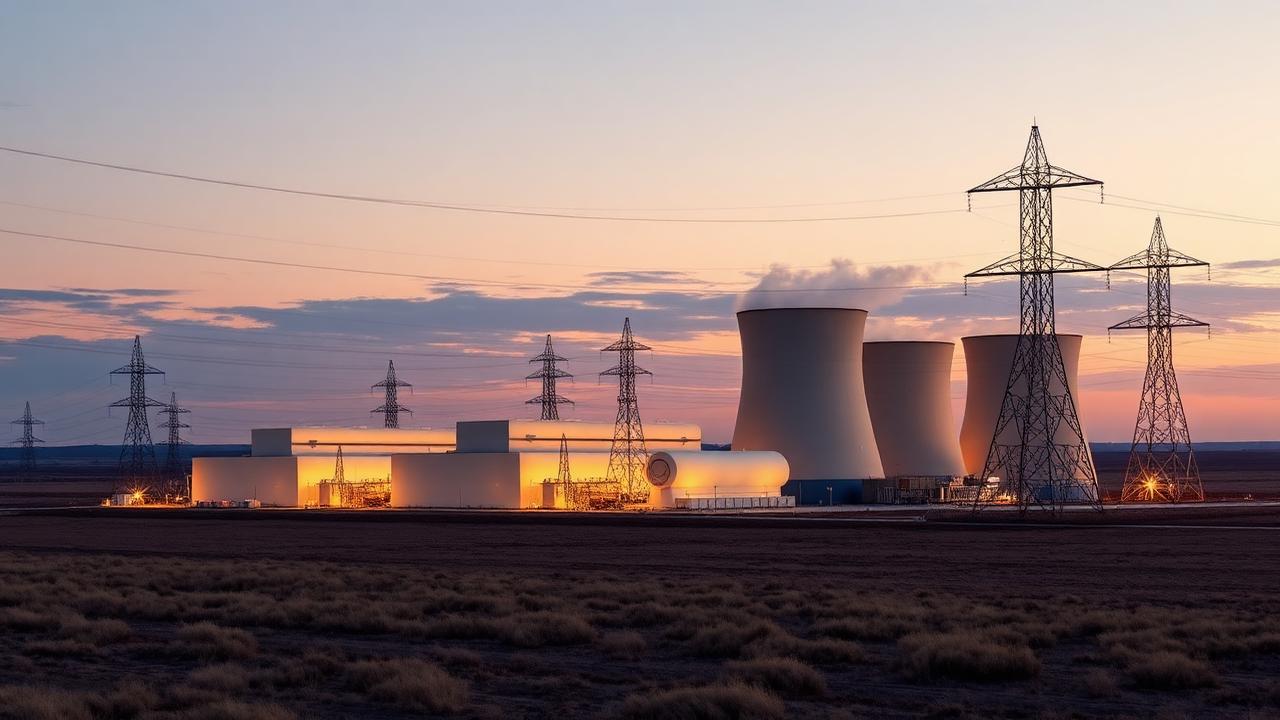 Nuclear power plant with cooling towers and transmission pylons on open steppe at dusk