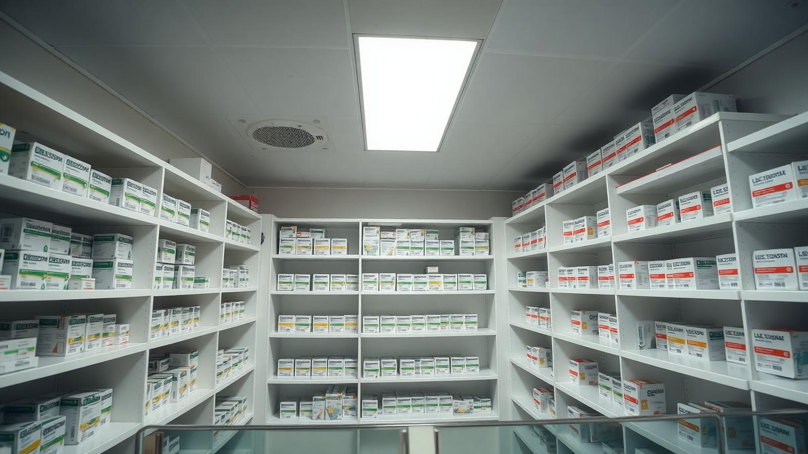 Interior of a modern Uzbek pharmacy with white shelves of medicine boxes behind a glass counter under bright fluorescent lighting.