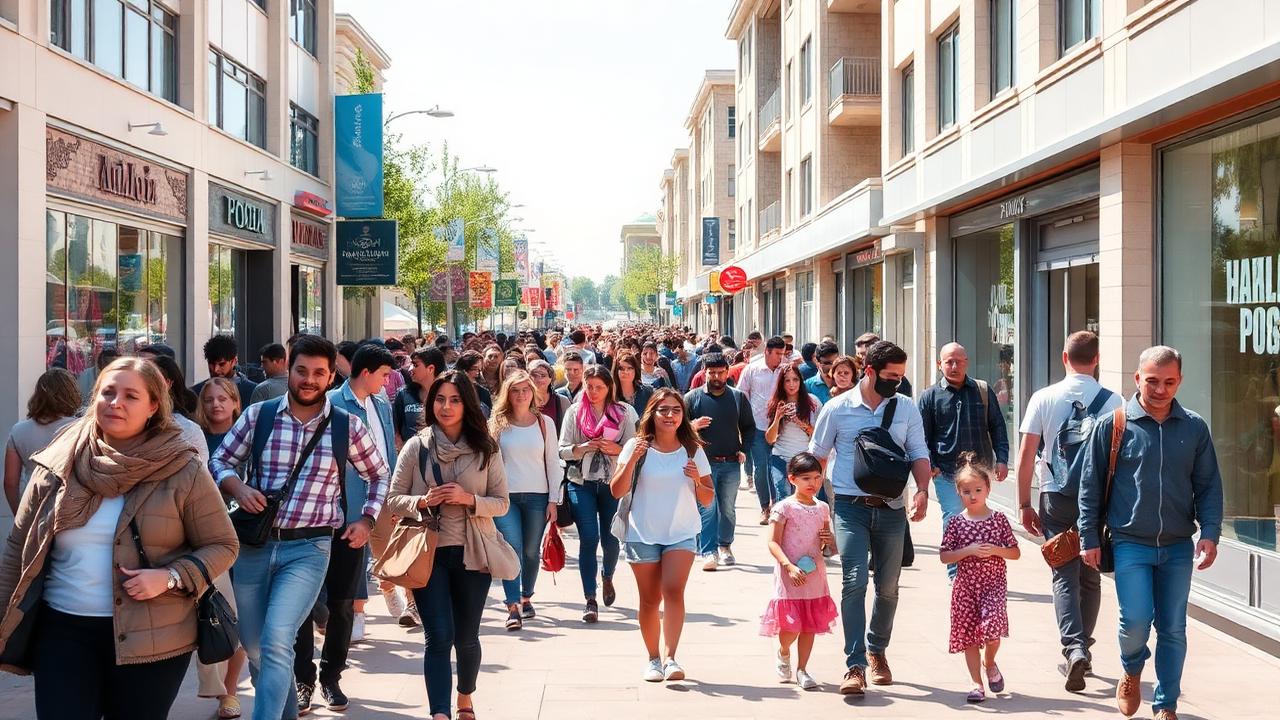 A crowded pedestrian street in Tashkent full of young Uzbek families, students and children walking past modern shopfronts on a sunny afternoon.