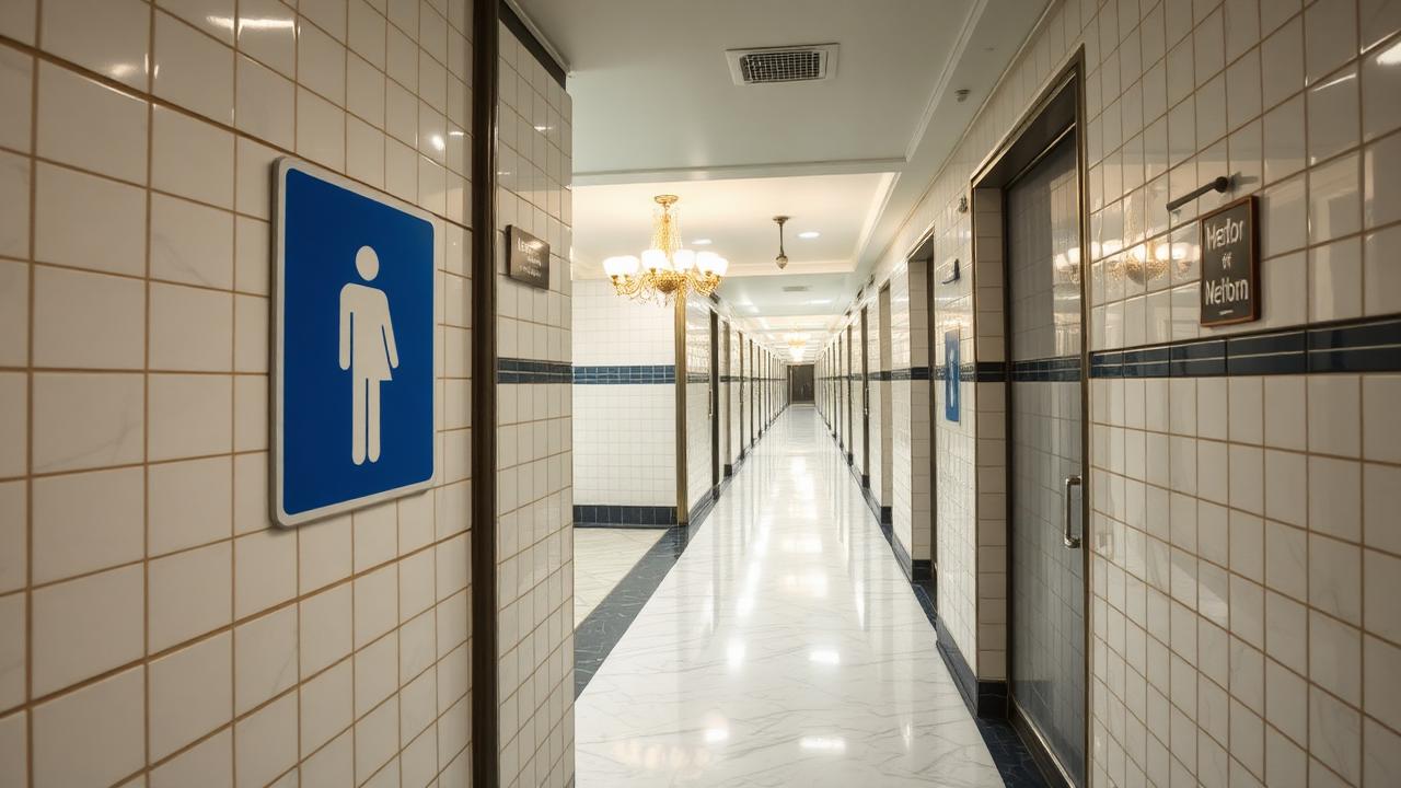 Clean tiled public restroom corridor with a blue international toilet sign inside a Tashkent metro station.