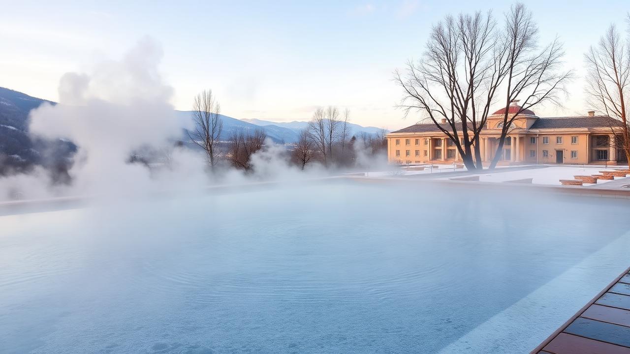 Steaming outdoor thermal spring pool surrounded by mountains in Uzbekistan on a cold morning