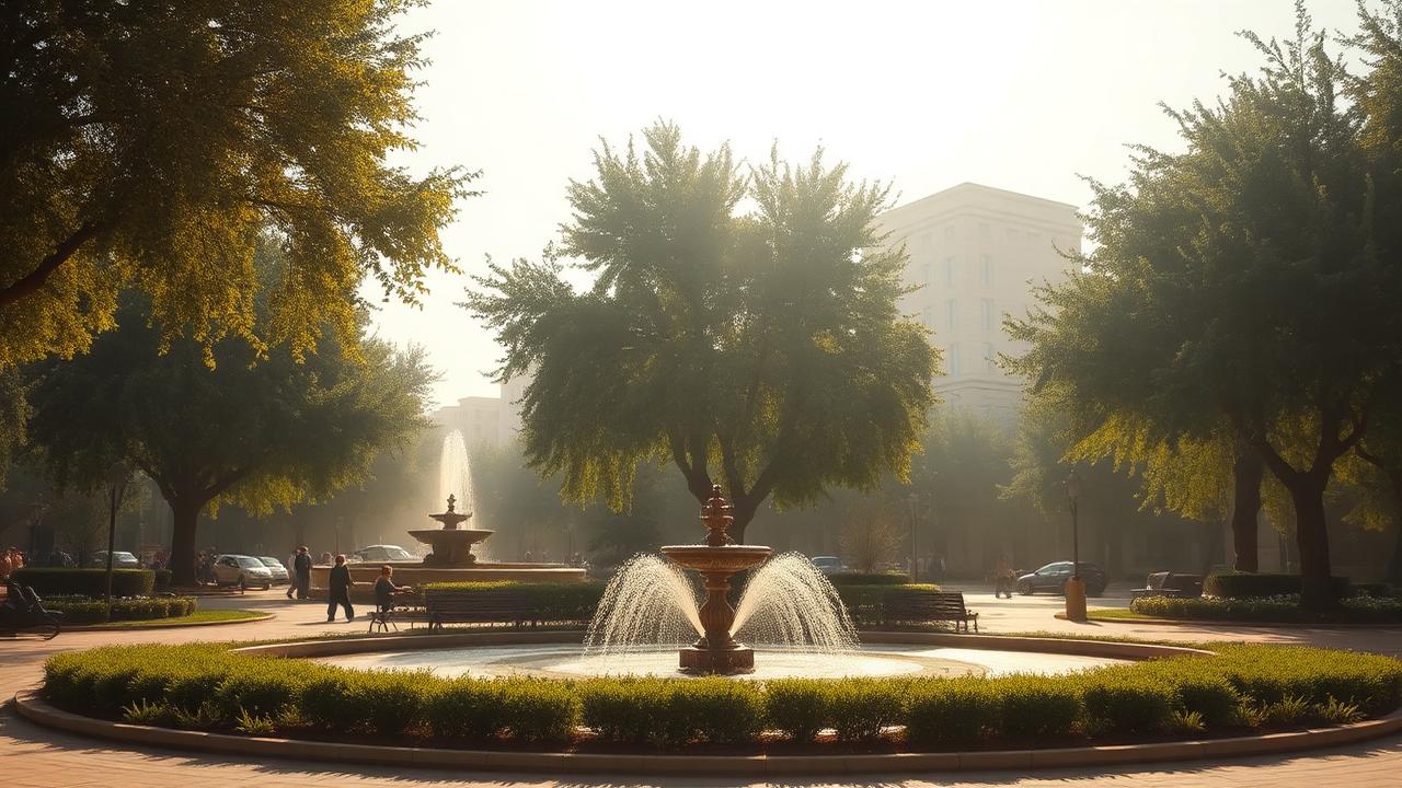 A sunlit city park square in Central Asia during a heatwave, with heat haze, shaded plane trees and a small fountain.