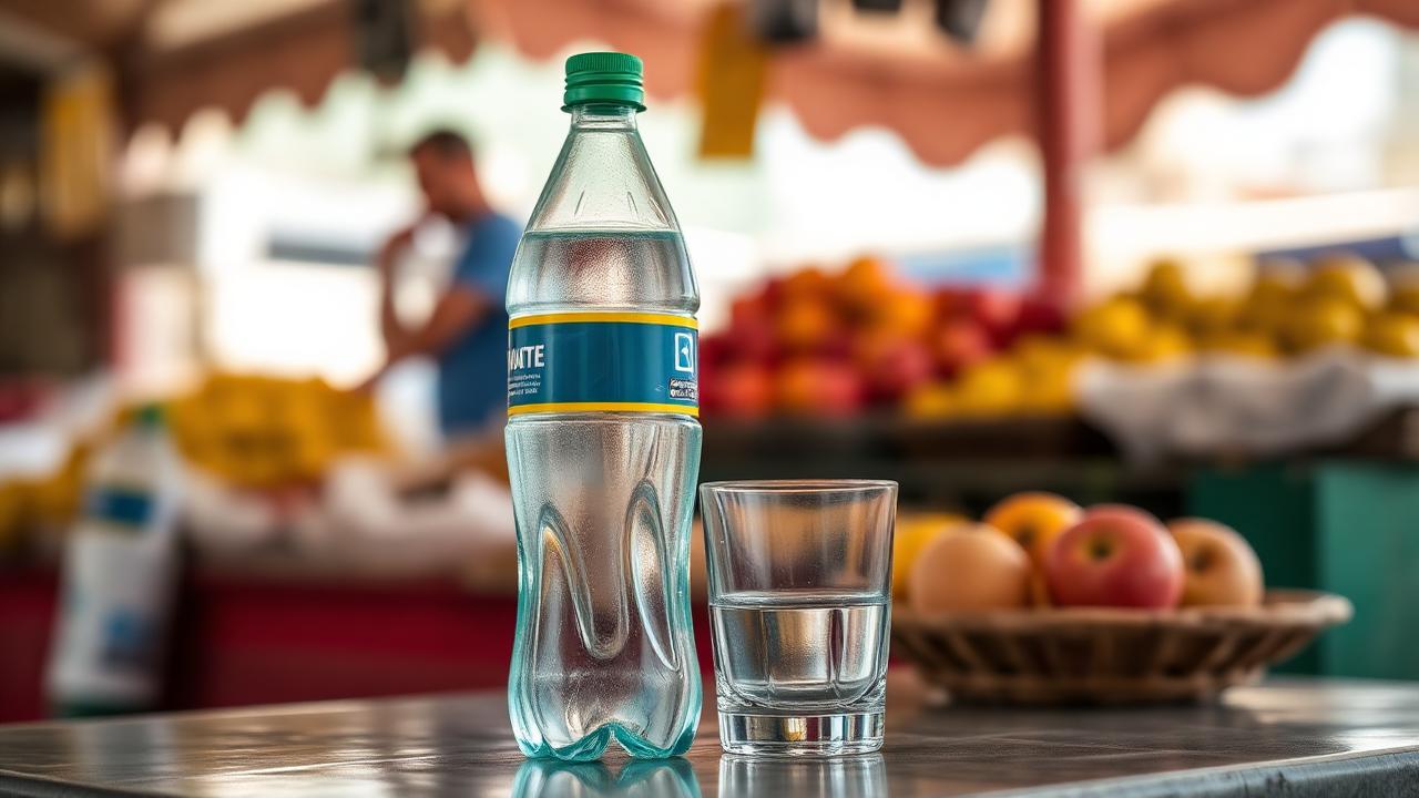 A sealed bottle of drinking water and a glass on a table at an Uzbek bazaar stall with fresh fruit displayed behind.