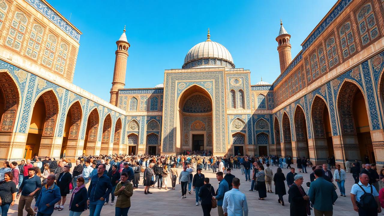 A busy sunlit courtyard of a blue-tiled Central Asian madrasa filled with tourists walking and taking photographs.