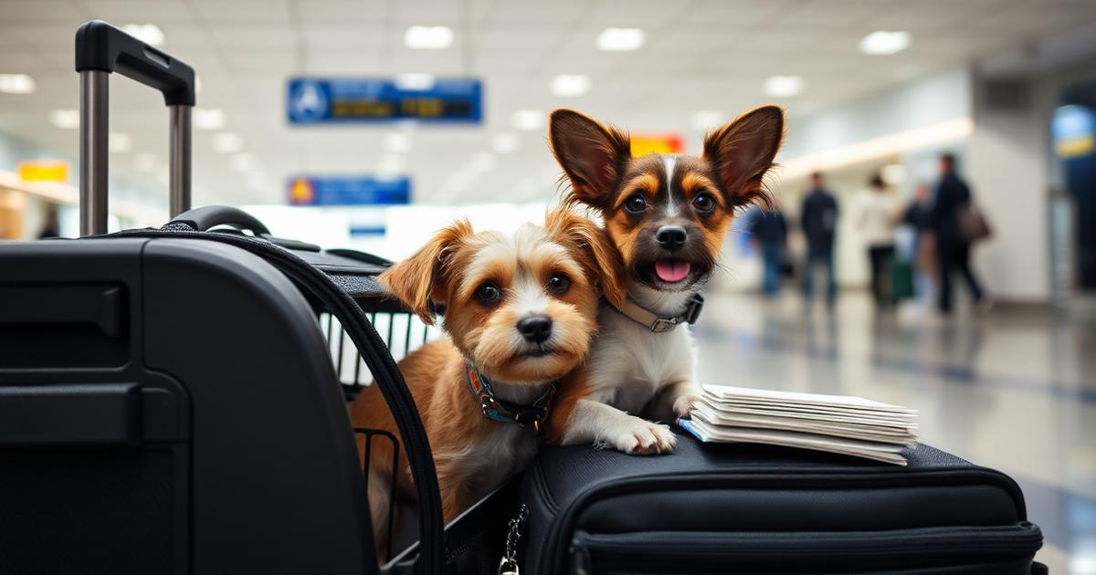 Two small dogs beside a hard travel carrier and a suitcase with a folder of documents in a bright airport departure hall.