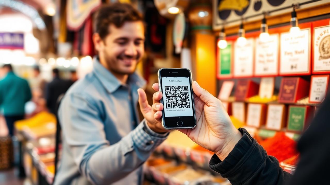 A traveller holding up a smartphone showing a payment QR code to a smiling stallholder at a colourful Uzbek bazaar.