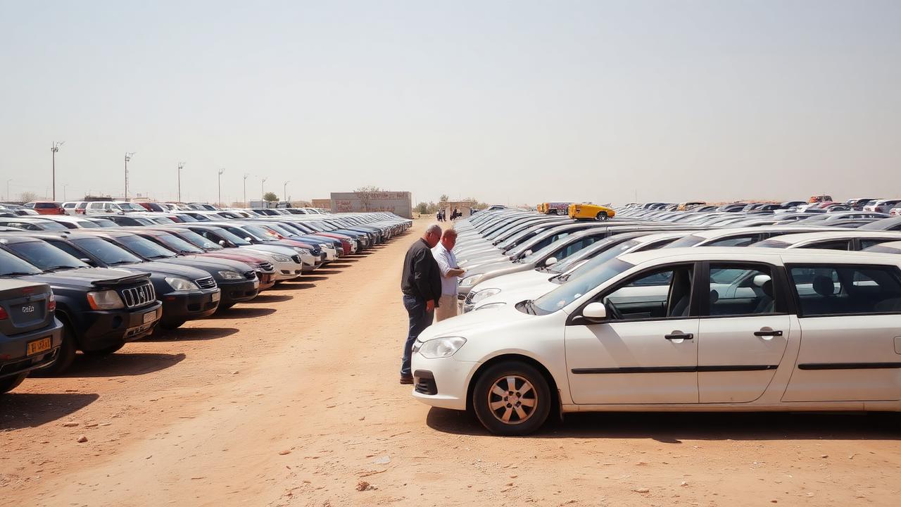 Rows of second-hand cars parked on a dusty open-air car market lot in Central Asia with two buyers inspecting a sedan.