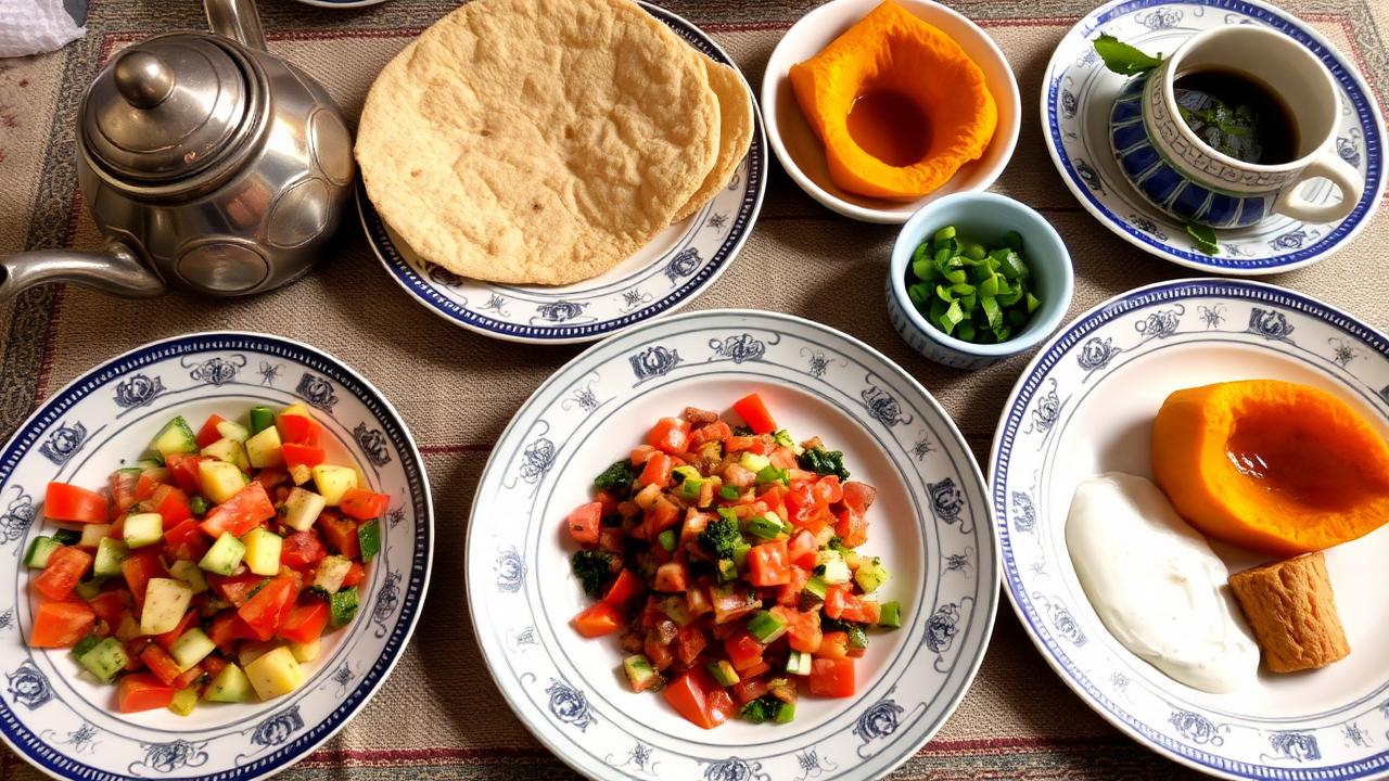 An Uzbek table set with tomato and cucumber salad, fresh tandoor bread, pumpkin samsa, yoghurt and a teapot, with no meat dishes.