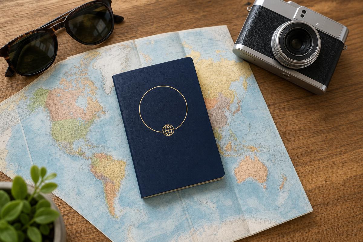 Passport and boarding pass on a table with an Uzbekistan travel map
