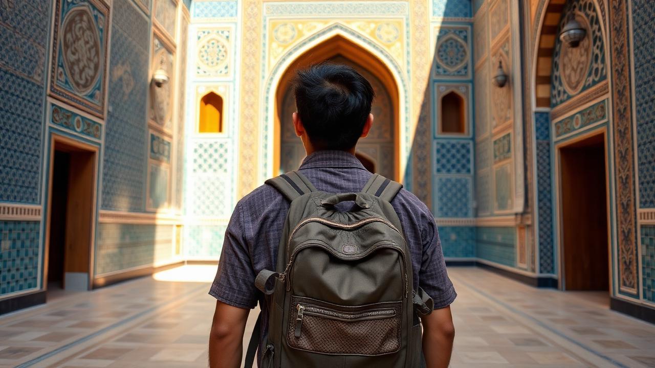 A traveller with a backpack standing in a sunlit blue-tiled madrasah courtyard in Samarkand, Uzbekistan.
