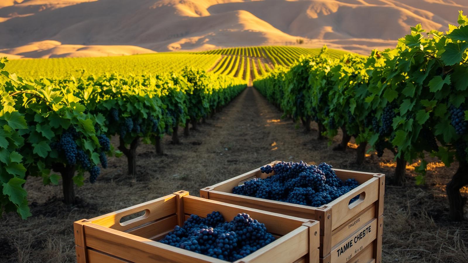 Rows of green grape vines in a sunlit Uzbek vineyard with dry hills behind and wooden crates of dark harvested grapes in the foreground.