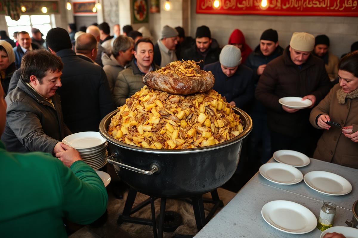 A huge cauldron of Samarkand-style layered plov being served in a busy local canteen.