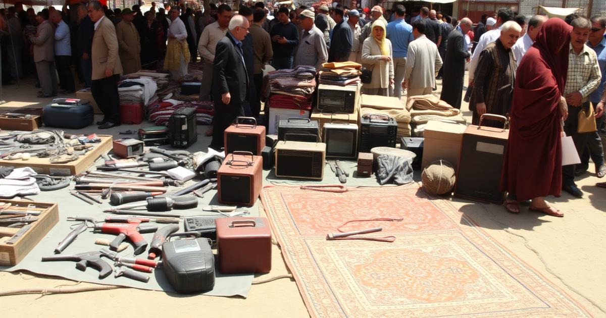 Shoppers browsing second-hand tools, old radios and carpets laid out on tarpaulins at a dusty open-air flea market.