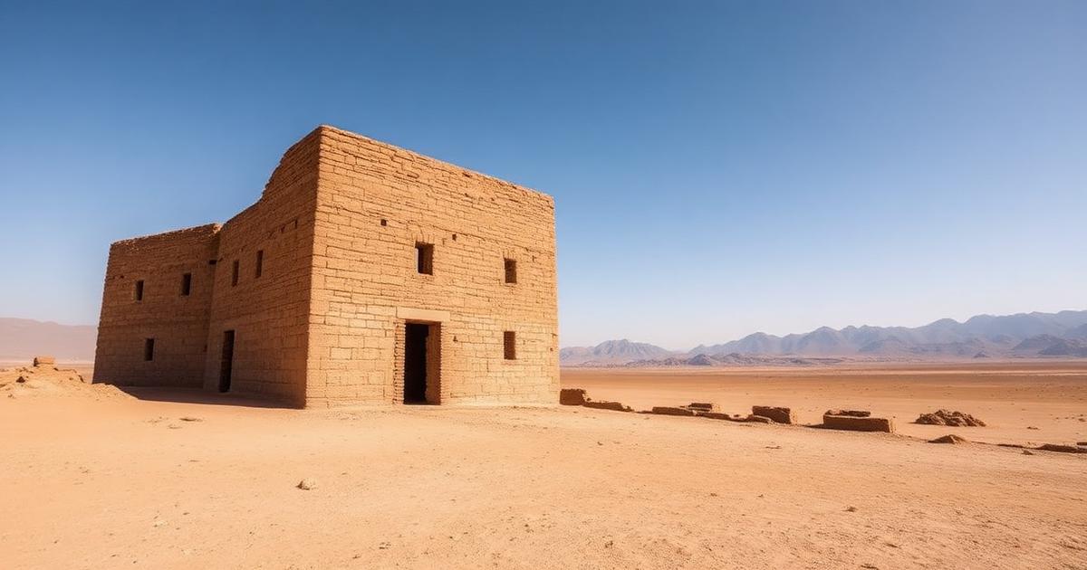 Weathered mudbrick caravanserai ruins standing alone on a flat desert plain with distant hazy mountains under a clear sky.
